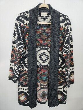 Dreamers Southwestern Aztec Print Long Open-Front Cardigan Sweater. Size Small.